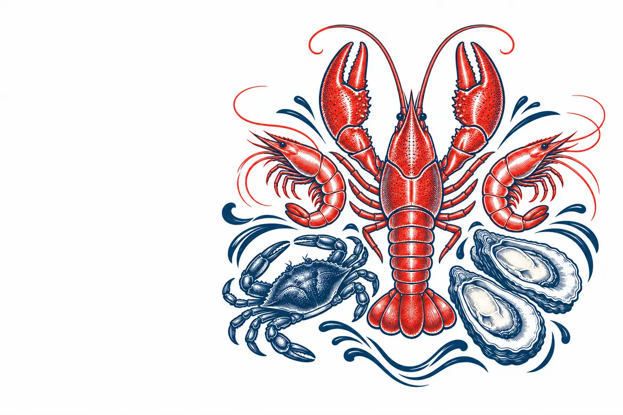 Red crawfish and shrimp, a navy crab, and open oysters in an engraved seafood composition.