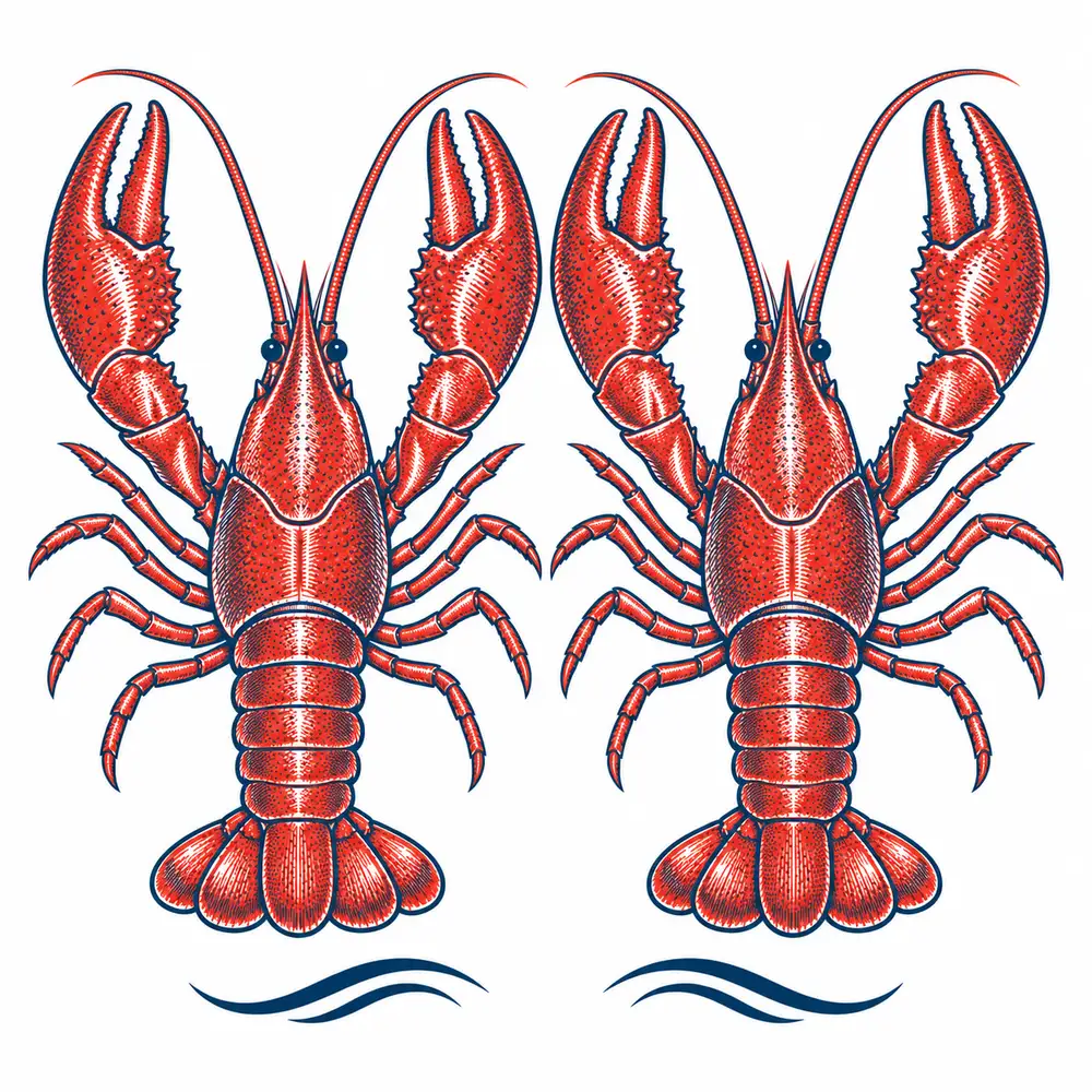 Two red-and-navy engraved crawfish with matching pairs of claws.