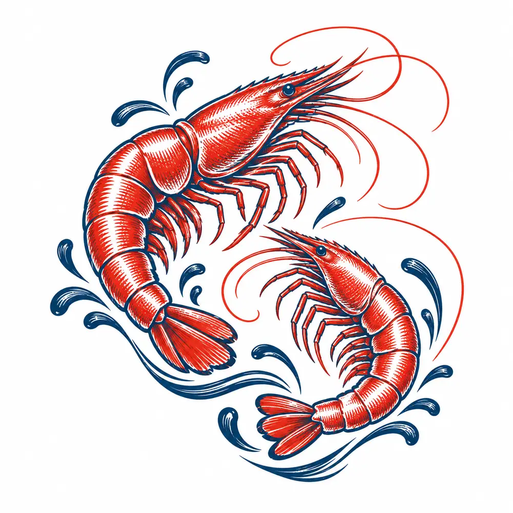 Two engraved shrimp with sweeping red-and-navy antennae.