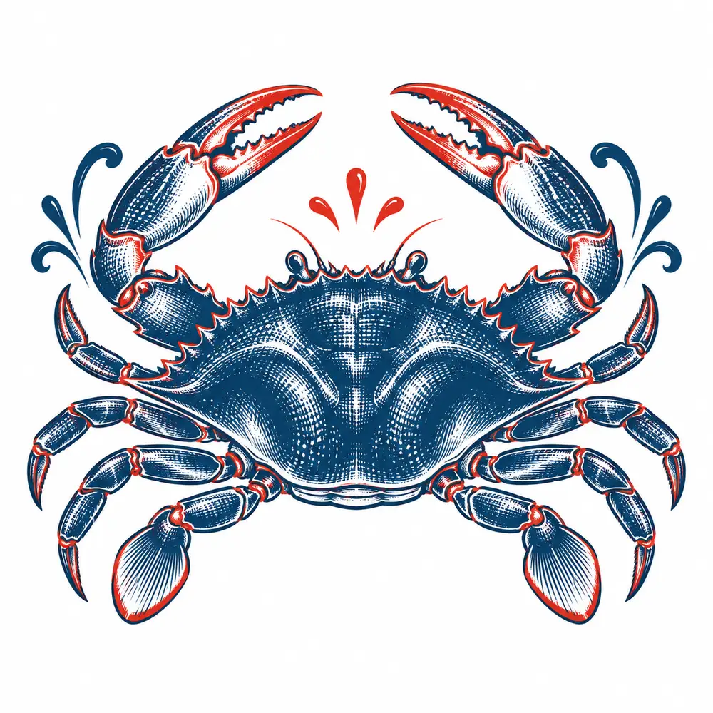 A navy engraved crab with red accents on its claws.