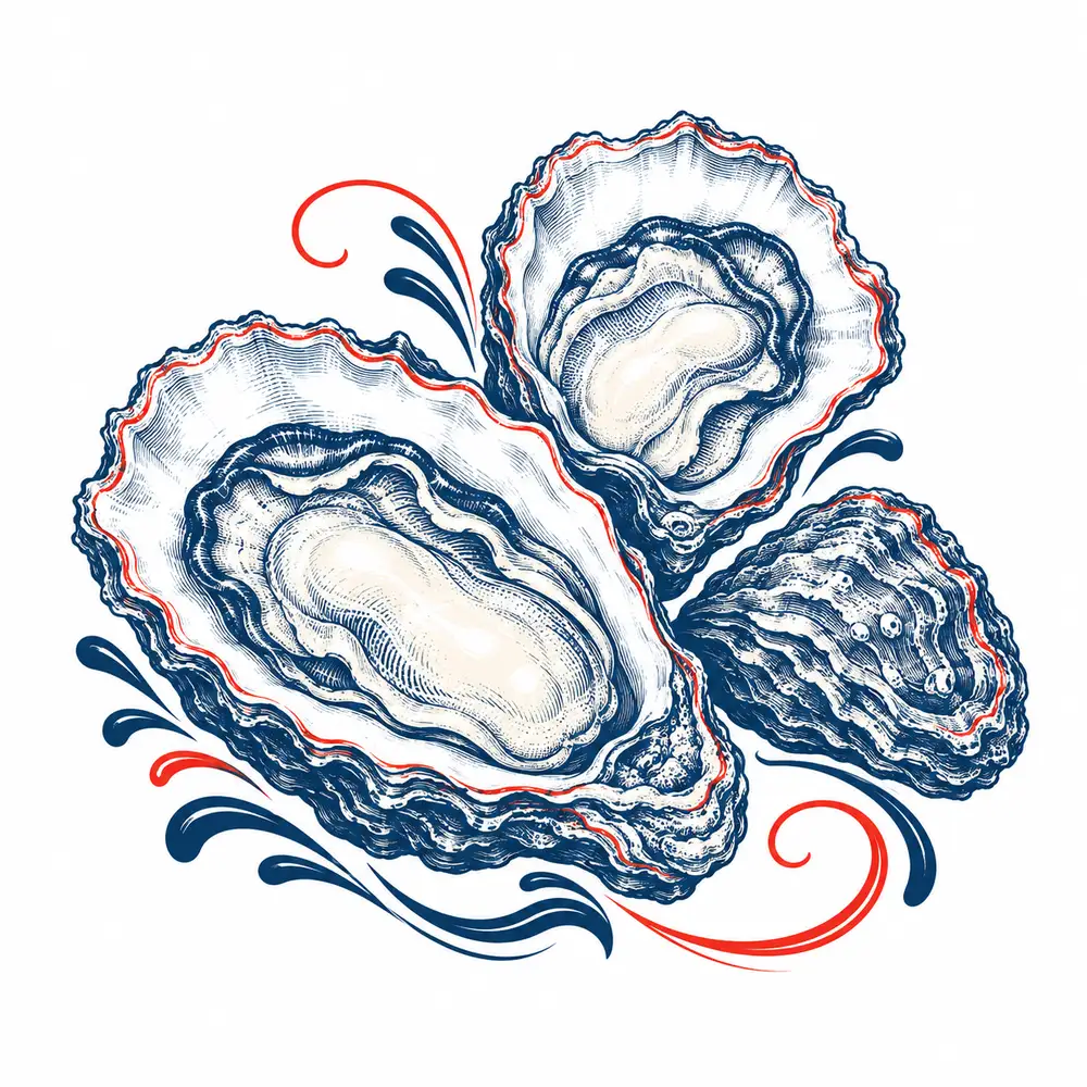 Open oyster shells with delicate navy engraving and red flourishes.